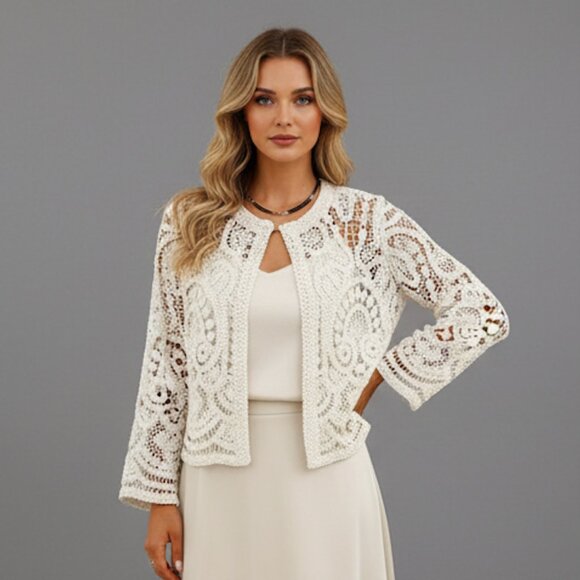 Boho Hollow Out Crochet Cardigan Beige - Picture 1 of 10
